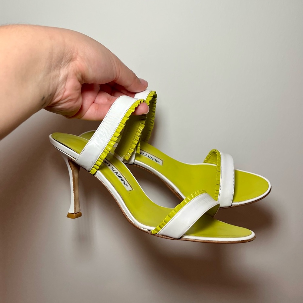 Manolo Blahnik Lime Green and White Leather Kitten Heels